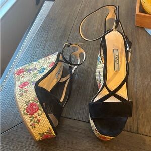 Prada Black Suede Floral Embroidered Espadrille Wedge Sandals